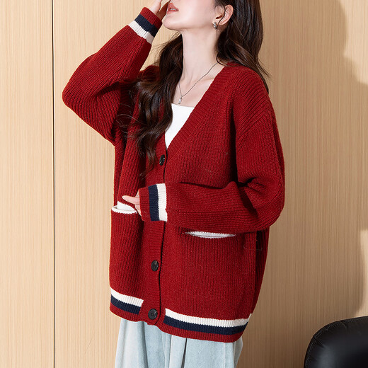 TonLion 2025 Autumn and Winter College Style Slim V-neck Cardigan Women's Knitted Red Jacket High-end Fashion Versatile Trend