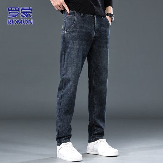 ROMON jeans men's autumn and winter men's straight pants men's micro-elastic casual trendy men's pants haze blue 32