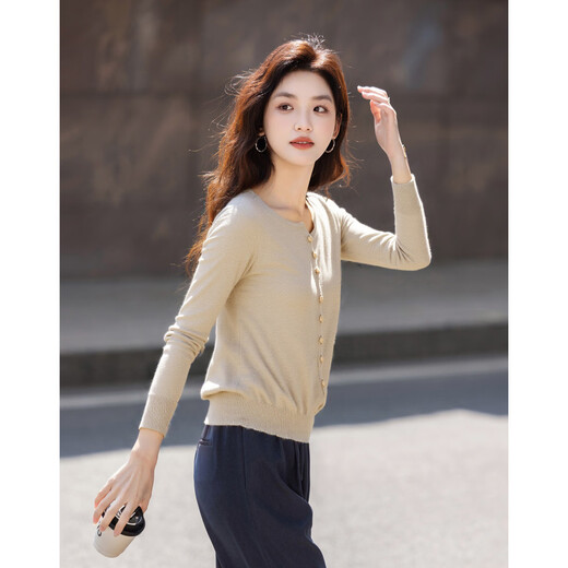 Demana 100% sheep wool cardigan 2025 autumn round neck loose shoulder long sleeve sweater women's top