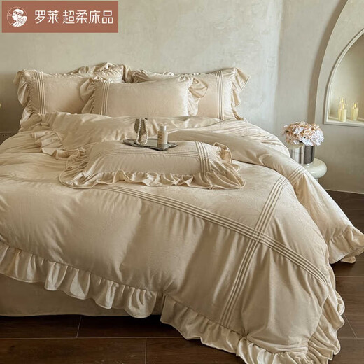 YOLANNA Luolai Home Textiles Winter 2025 New Baby Velvet Four-piece Set Short-haired Coral Velvet Sheets, Quilt Covers and Duvet Covers Lace Double Irene-Champagne Double-sided Velvet Double Warmth Sheet Style 1.8 Four-piece Set Quilt Cover 200X230