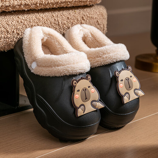 EVA children's cotton slippers with velvet for warmth in winter, cute cartoon removable non-slip parent-child cotton slippers for boys and girls, EVA warm velvet upgraded version, Khaki 37, inner length 21.5-22cm 230MM