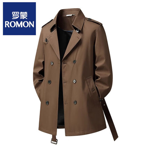 ROMON double-breasted windbreaker men's mid-length 2025 autumn new business coat British fashion lapel coat trend khaki M recommended 100-115Jin Jin equals 0.5 kg