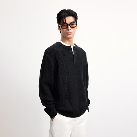 JACK&JONES Men's 25th Autumn and Winter Sweater Men's Lazy Style Loose Casual Henley Collar Knitted Retro Jacquard Bottoming Shirt E40 Black Regular Pre-sale shipped around November 27th M (175)