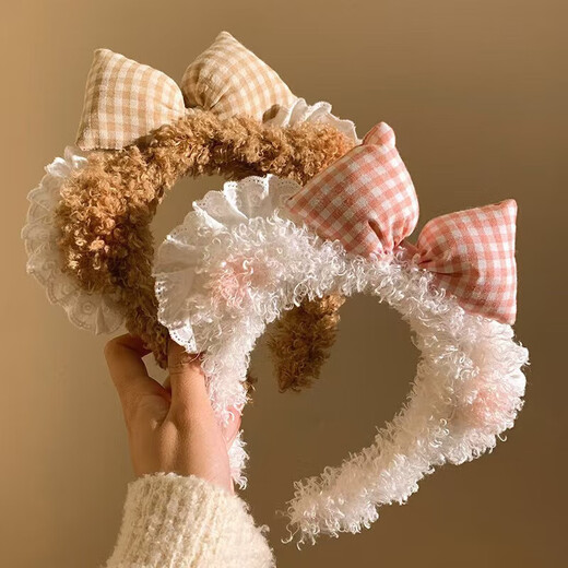 Cartoon Sweetheart Blush Bear Ears Bow Headband Lace Face Wash Women's Hairpin Cute Plush Headband Headdress Blush Bow-White Headband 1 Pack