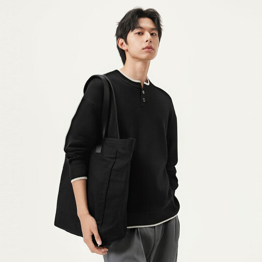 Gxg.jeans men's multi-color fake two-piece loose basic henley collar sweater for men 25 autumn new arrival black pre-sale after November 25th L (175)