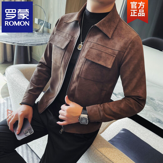 ROMON nubuck leather men's jacket autumn 2026 new fashion trend lapel short double pocket motorcycle top coffee color 2XL (140-155Jin Jin equals 0.5kg)