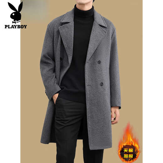 Playboy (PLAYBOY) woolen coat men's medium-length cashmere coat for young and middle-aged men's windbreaker thickened high-end woolen coat winter black (plus cotton) thick XL 180 (recommended 140Jin Jin equals 0.5kg -155Jin Jin equals 0.5kg)