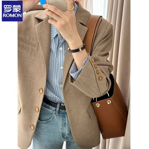 Lomon Maillard milk coffee color suit jacket for women spring and autumn Internet celebrity new autumn Korean style loose suit for small people milk coffee mixed camel M recommended 100-110Jin Jin equals 0.5 kg