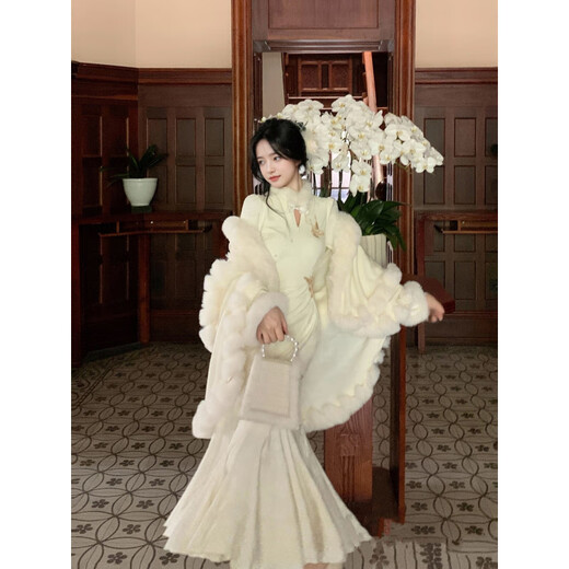 Jane Deiune White Feather Exquisite 2025 Autumn and Winter New Style New Chinese Dress Temperament National Style Fishtail Cheongsam Single-piece Cheongsam Dress M