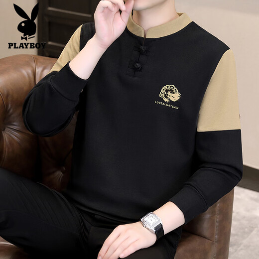 Playboy Chinese Style Sweater Men's Spring and Autumn Loose Versatile Color Block Bottoming Shirt Retro Button Henley Collar Pullover Top W36 Beige 2XL