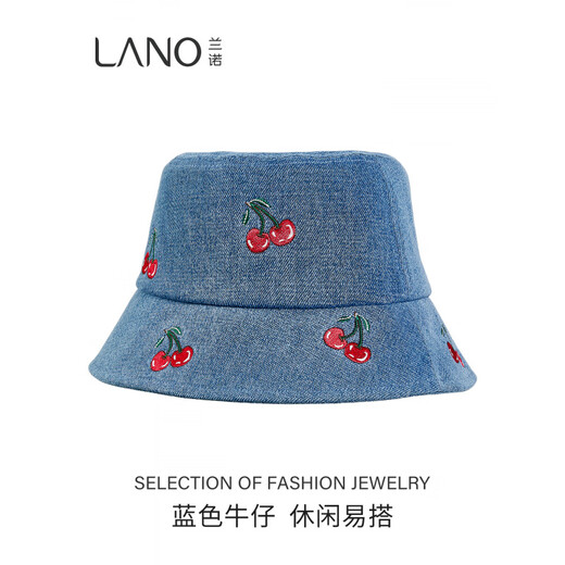 Lannuo cherry embroidered denim fisherman hat for women 2025 autumn new style big head circumference showing face small basin hat thin hat blue M (56-58cm)