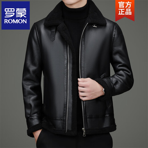 ROMON plus velvet imitation leather men's winter thickened and warm imitation leather jacket fur all-in-one jacket fashionable casual leather jacket black XL