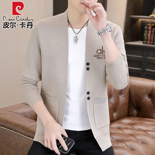 Pierre Cardin high-end wool knitted cardigan jacket for men spring and autumn new style fashionable and versatile outer wear long-sleeved sweater gray 2XL recommended 150-165Jin Jin equals 0.5 kg