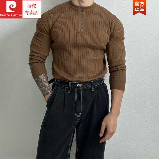 Pierre Cardin Henry collar long-sleeved sweater men's spring new American high-end muscular men's fitness all-match slim T-shirt Brown M 100Jin Jin is equal to 0.5 kg within