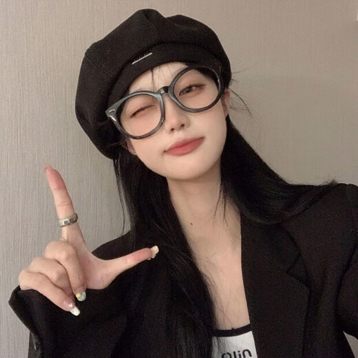 Back-tilt beret for women, fashionable and stylish octagonal hat, newsboy painter, big head circumference, autumn and winter woolen hat, retro, versatile, small face, black woolen thick style, one size fits all (recommended 56-58cm)