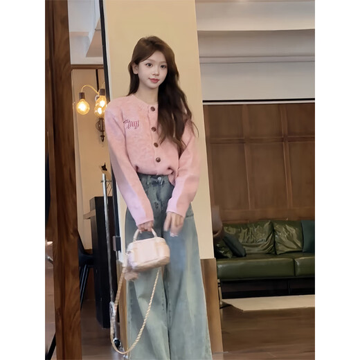 Zuosu Knitted Cardigan Women's 2025 Early Autumn Korean Style Pink Puppy Embroidered European Hot Top Unique Top Peach Pink One Size (115Jin Jin is equal to within 0.5kg)