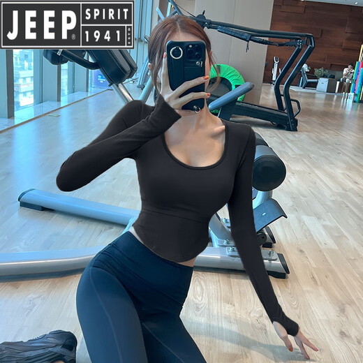 JEEP SPIRIT long-sleeved yoga clothes with chest pads, nude Pilates slim tops, spring and autumn running sports fitness T-shirts for women, crimson L (recommended 110-115 Jin Jin equals 0.5 kg)