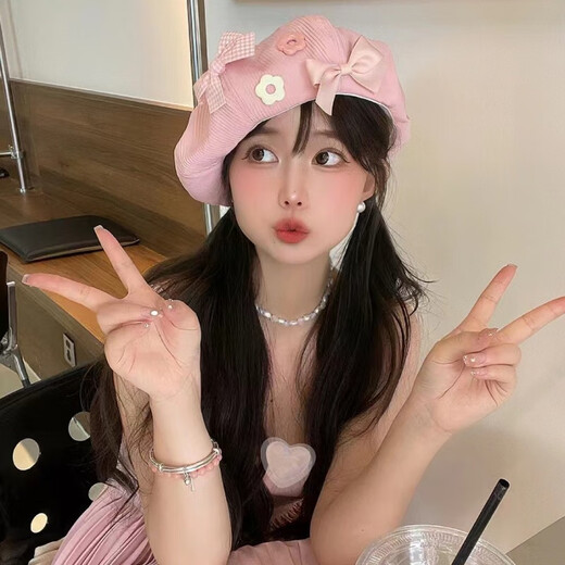 Hetong Fashionable Versatile Beret Women's Cute Personalized Bow Painter Hat Retro Showing Face Street Photo Concave Shape Hat Pink One Size