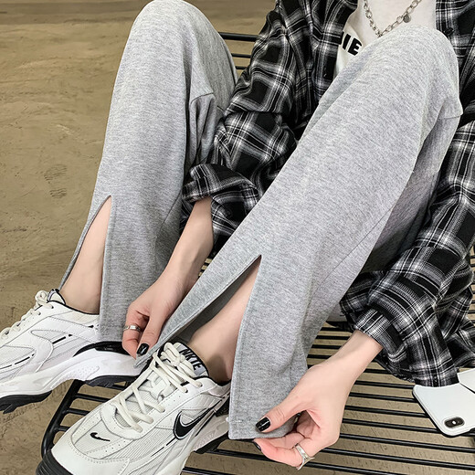 FKFX2025 new slit sweatpants Hong Kong style casual pants high waist loose trendy brand straight pants trendy gray sports pants for women Gray S