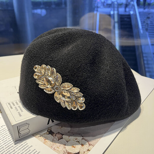 Pisces Rabbit Winter Retro Rhinestone Flower Beret Feminine Face Revealing Small Navy Hat Top Hat Women's Hat Black Rhinestone Flower (Autumn and Winter) One Size 56-58cm (Inside Adjustable)