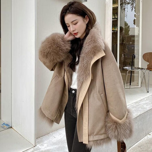 Romon brand suede stitching fox fur eco-friendly fur jacket for women 2026 autumn and winter new mid-length parka mocha brown L 125-145Jin Jin equals 0.5 kg