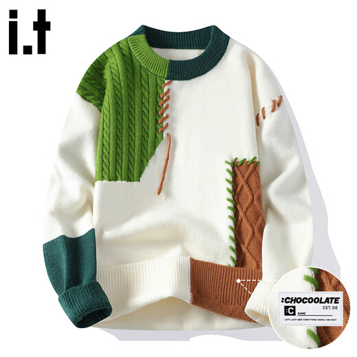 CHOCOOLATE it splicing design knitted sweater for men in autumn American fashion brand comfortable round neck sweater jacket green L recommended 120-135 Jin Jin equals 0.5 kg
