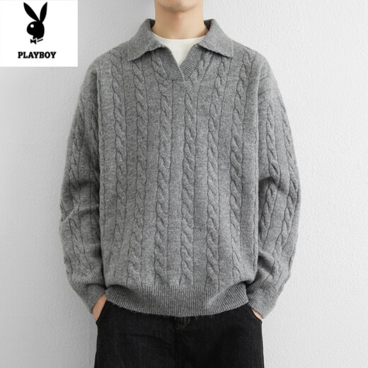 Playboy (PLAYBOY) twist long-sleeved sweater men's autumn and winter lazy style Henry collar American retro knitted versatile POLO shirt men's black M