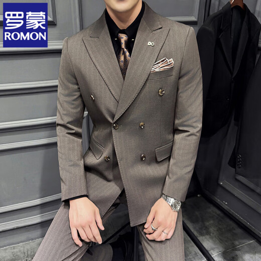 ROMON Autumn and Winter Thick Dark Striped Suit Men's Suit Korean Slim Fit Business Formal Easy-Care Three-piece Suit Burgundy (Single-piece Suit) XL (120-135Jin Jin equals 0.5kg)