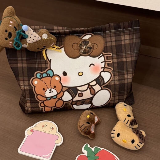 Ins style cartoon portable large capacity cosmetic bag cute clutch bag hellokitty storage bag small retro plaid kitty