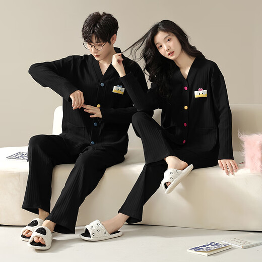 Langsha couple pajamas for one man and one woman in autumn pure cotton striped casual cardigans can be worn outside 100% cotton spring and autumn home clothes 22302 couple XL female + L male