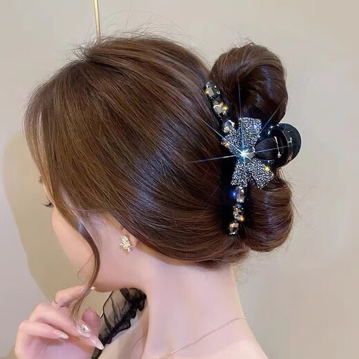Full diamond bow tie clip, new high-end large-size hairpin, temperament clip for the back of women's head, black full diamond clip, 1 piece