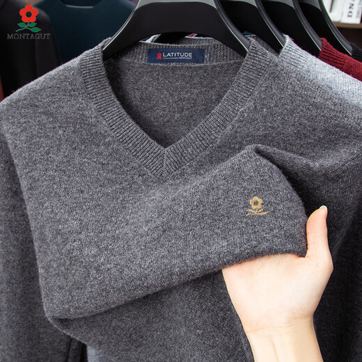 MONTAGUT cardigan men's V-neck 2025 autumn and winter new middle-aged and elderly solid color bottoming knitted sweater thickened and warm dark gray M 165 90-110Jin Jin equals 0.5 kg