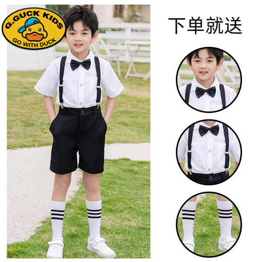 G.DUCKKIDS Children's Day Chorus Costumes Girls Dance Tutu Skirt Boys Dress Primary School Graduation Performance Costumes Boys White Shirt + Black Shorts + Suspenders + Bow Tie + 120