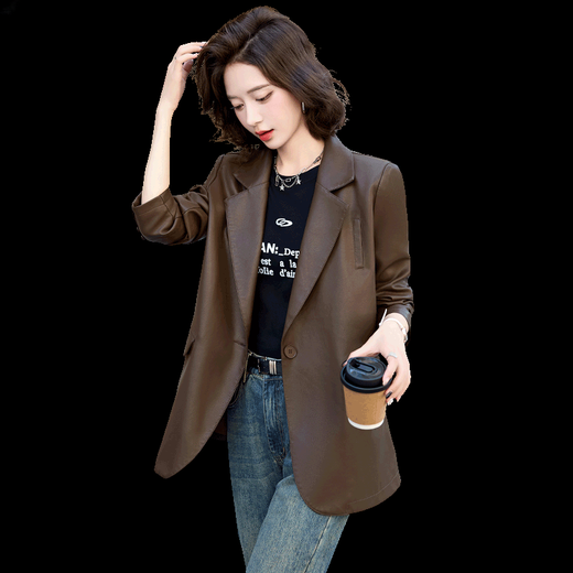 LIIS International Light Luxury High-end Jacket New Leather Suit Jacket Women's Maillard Retro Temperament Casual Black XL