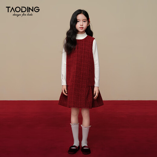 Taoding New Year's Dress Girls Autumn and Winter Qiangjin Style Ancora Red Thick Wool Small Fragrance Style Sleeveless Skirt