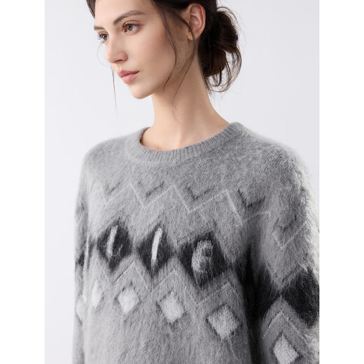 ELLE sheep wool mohair retro jacquard sweater for women 2025 winter new loose lazy sweater medium gray L
