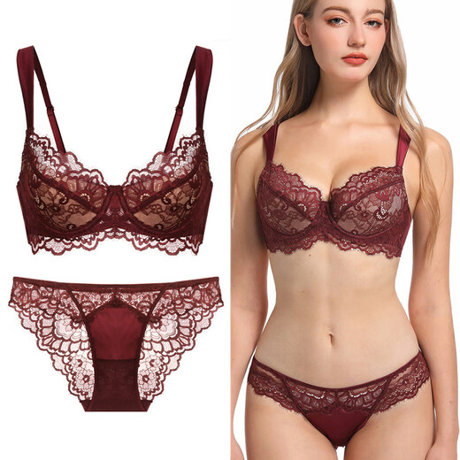 Victoria Palace Lace Underwear Feminine Thin Cotton Eyelash Bra Large Breasts Show Small Push-Up Gather Anti-Sagging Large Size Underwear Set White 85C/38