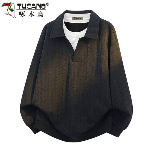 Woodpecker (TUCANO) sweatshirt men's autumn and winter lapel loose long-sleeved T-shirt fake two-piece pullover polo bottoming shirt jacket gray XL