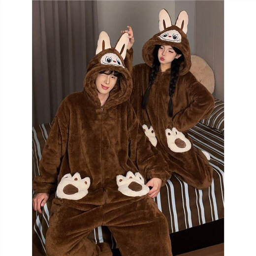 Mengdong Mickey Coral Velvet Pajamas Women's One-piece Couples Autumn and Winter Thick and Warm Men's Thickened Flannel Home Clothes SDM One-piece 81318 Milk Dragon 3XL Men's Size (170-200Jin Jin is equal to 0.5 kg
