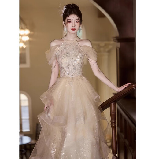 ROMON Evening Gown Women's Light Wedding Dress High-end Light Luxury Host Adult Ceremony Bridesmaid Toast Wear Dressing Dress Engagement Birthday Princess Dress Champagne L