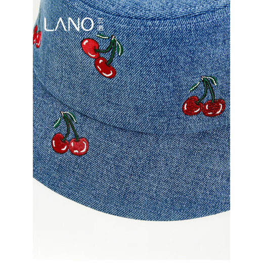 Lannuo cherry embroidered denim fisherman hat for women 2025 autumn new style big head circumference showing face small basin hat thin hat blue M (56-58cm)