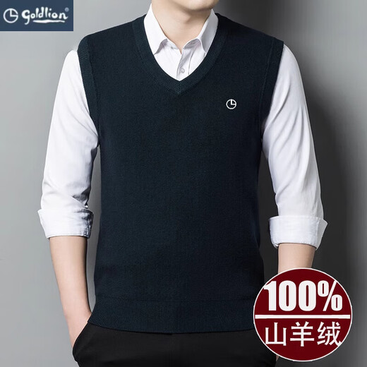 Goldlion Pure Cashmere Men's Thick Vest Autumn and Winter Sleeveless Vest Knitted V-Neck Wool Sweater (V-Neck Vest) Black L 170