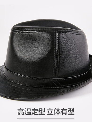 What a cool leather hat for men, spring and autumn casual leather hats, middle-aged and elderly British sheepskin Panama hats, trendy felt hats, black L (55-56cm)
