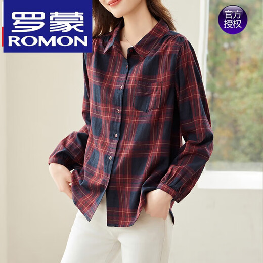 ROMON high-end red plaid cotton shirt women's long-sleeved 2025 spring and autumn shirt color matching top red M Weight 110-125 Jin Jin equals 0.5 kg