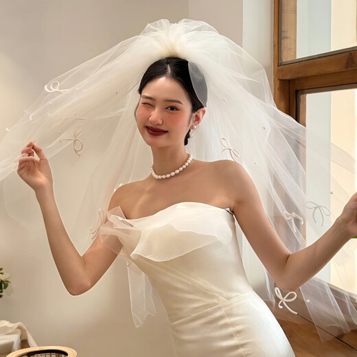 Fan Sheng Yu's veil, white wedding certificate, wedding registration, proposal, fluffy veil, small bow, pearl headdress, photo shoot, forest style princess veil, bow pearl veil - 80cm