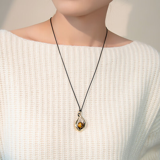 Qlady tiger eye stone water drop necklace women's long high-end light luxury niche 2025 new accessories pendant sweater chain gift