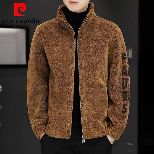 Pierre Cardin 2026 men's autumn and winter new imitation sherpa jacket men's stand collar trendy velvet thickened men's winter jacket GG09# gray single layer L 116-130Jin Jin equals 0.5 kg