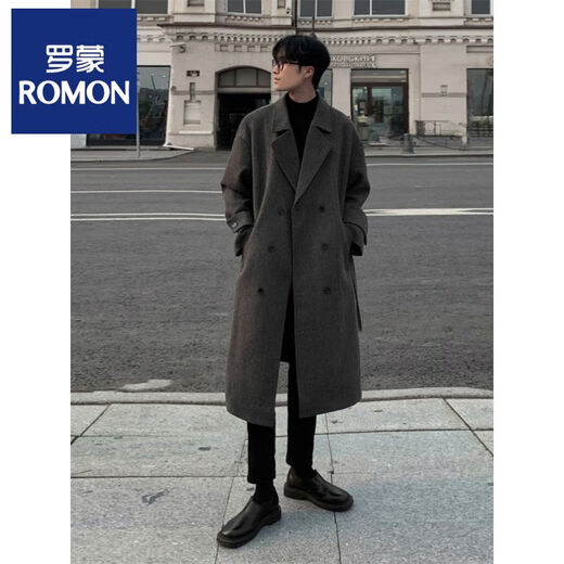 ROMON Belt Tie Mid-Length Woolen Coat Men's Knee-Level Loose Winter Thickened Korean Woolen Windbreaker Jacket Trend Black Counter Genuine 3XL Recommended 180-210Jin Jin is equal to 0.5 kg