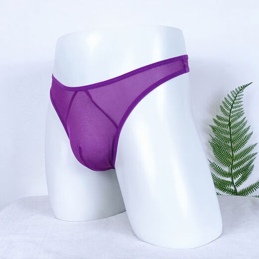 Men's sexy underwear U convex back hollow single thong transparent mesh thong nightclub men's JJ seamless T-pants purple one size fits all elastic waist 2 o'clock 0-2 o'clock 8 feet