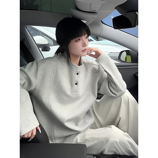 Qumi Le Deconstructed Henley Collar Sweatshirt Men's Autumn and Winter Stand Collar Right Shoulder Long Sleeve T-Shirt Heavyweight American Loose Inner Bottoming Shirt White Gray XL Recommended 120-140Jin Jin is equal to 0.5 kg